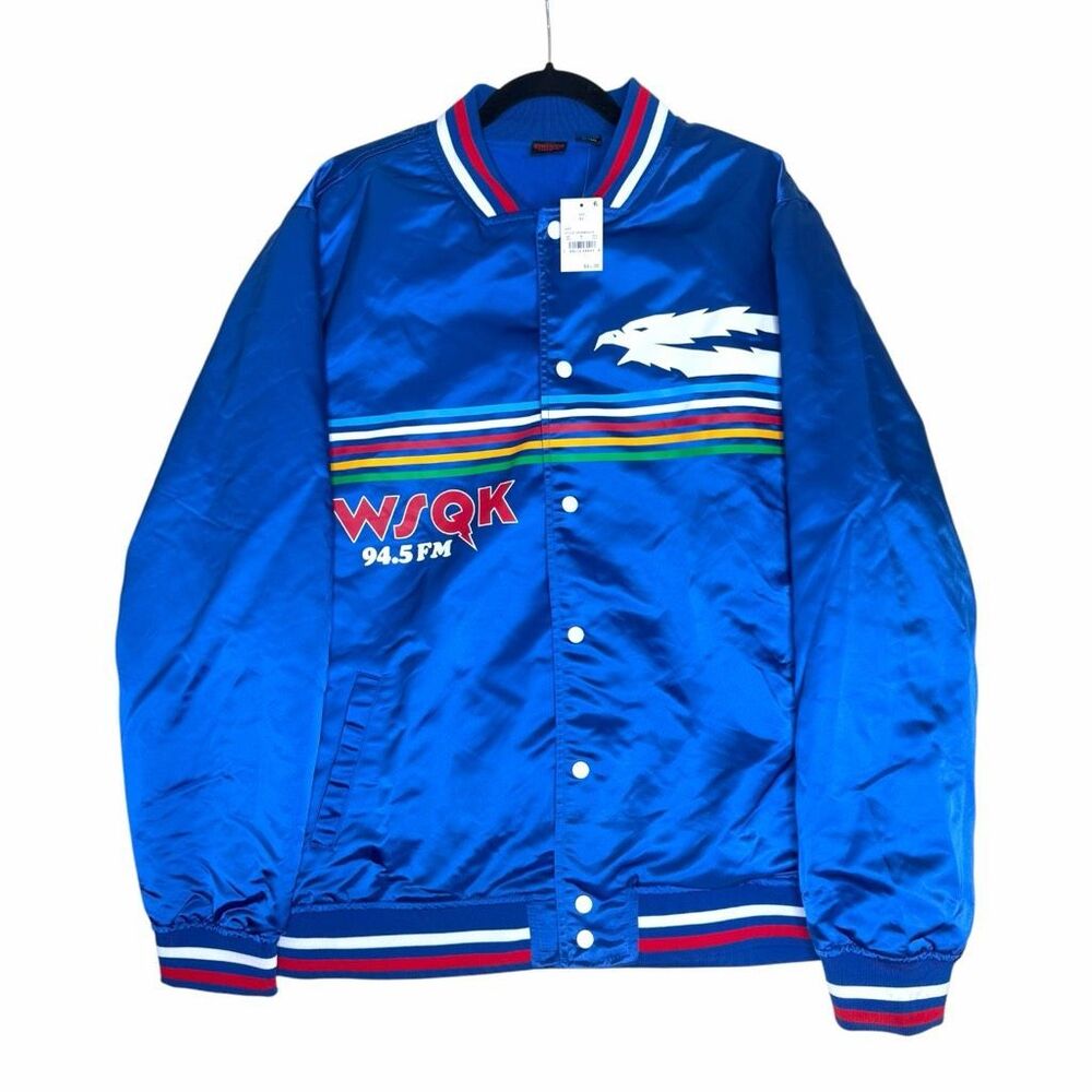 NEW Stranger Things WSQK 94.5 FM Satin Bomber Jacket Blue Retro Snap Front XL